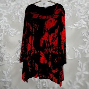 PAPA Red Roses on Black Blouse Top!!! Fantastic Functional Pockets! Stretchy XL